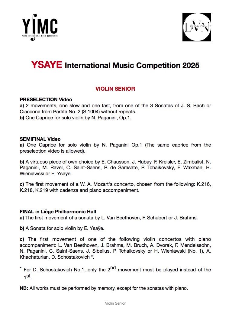 Programme Liège Philharmonic Hall. Ysaÿe International Music Competition 2025. Violin Senior. 2025-07-07
